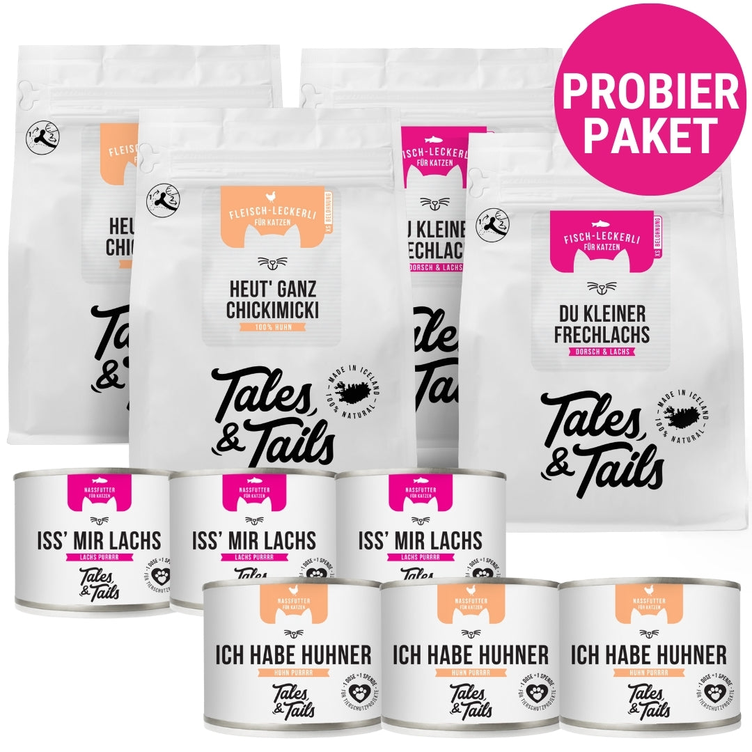 Probierpaket für Katzen mit Alleinfutter Nass und Leckerli