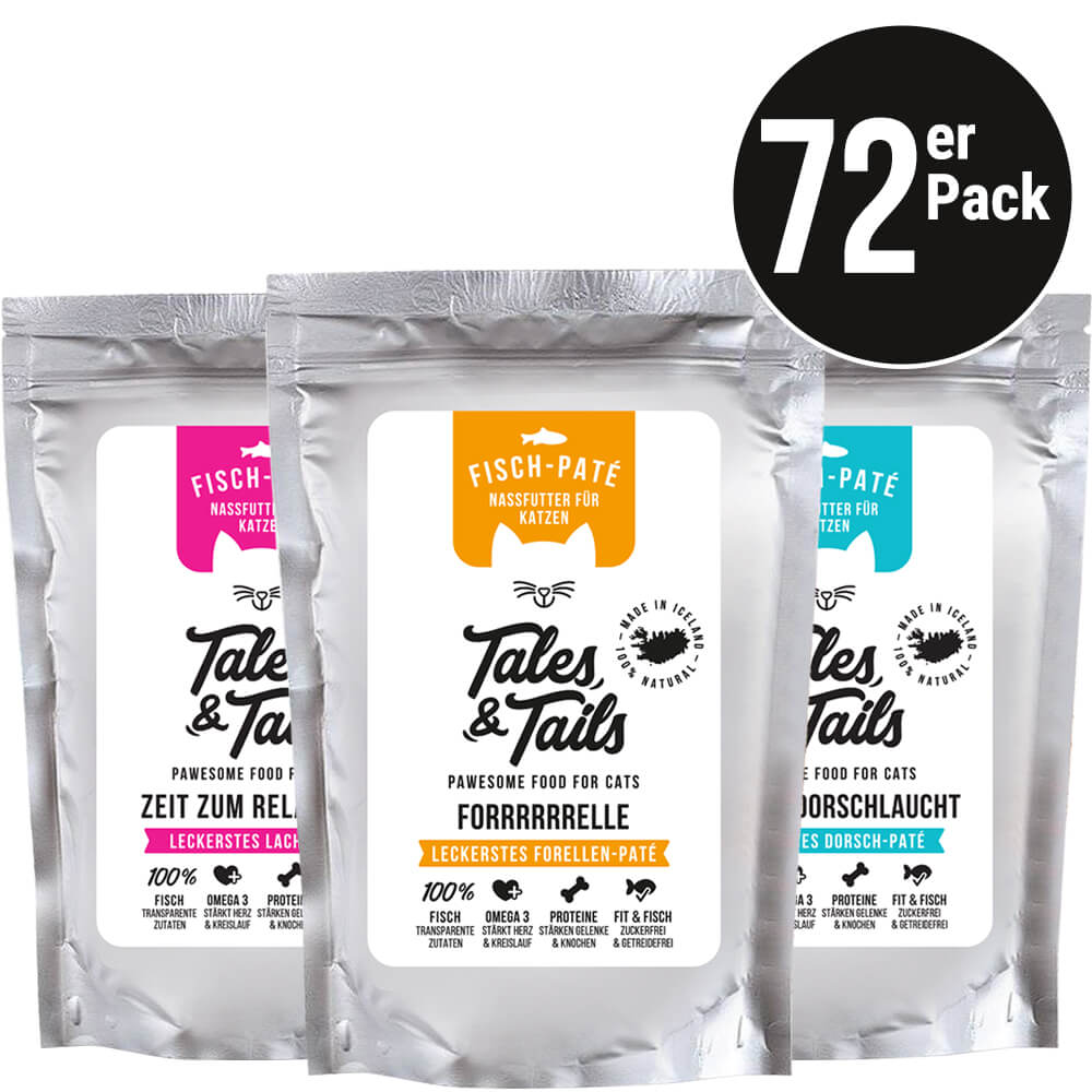 72er Paket Nassfutter Fisch für Katzen Lachs, Dorsch und Forelle